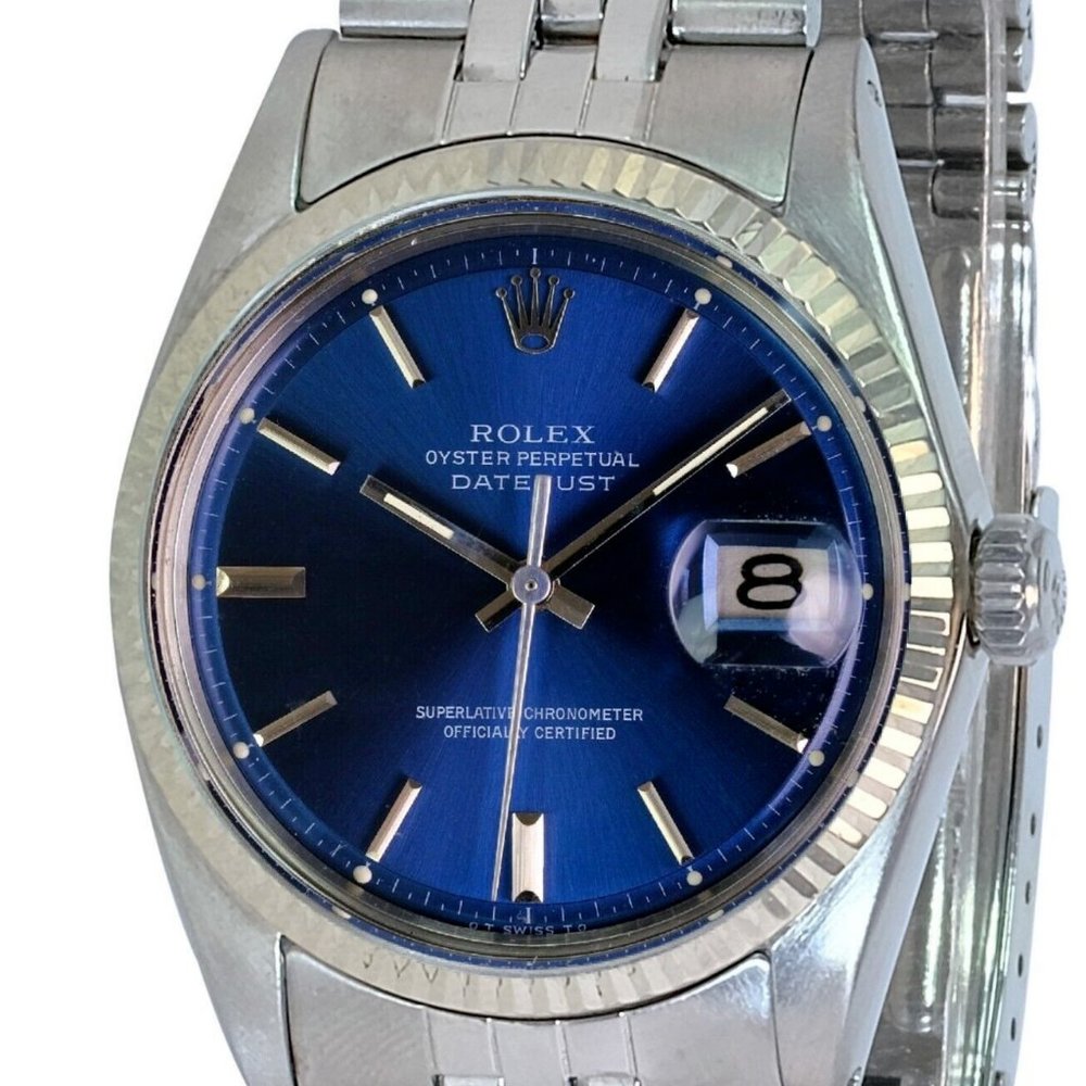 ROLEX DATEJUST RARE BLUE SIGMA INDEX DIAL STEEL FLUTED JUBILEE WATCH 36 MM 1601